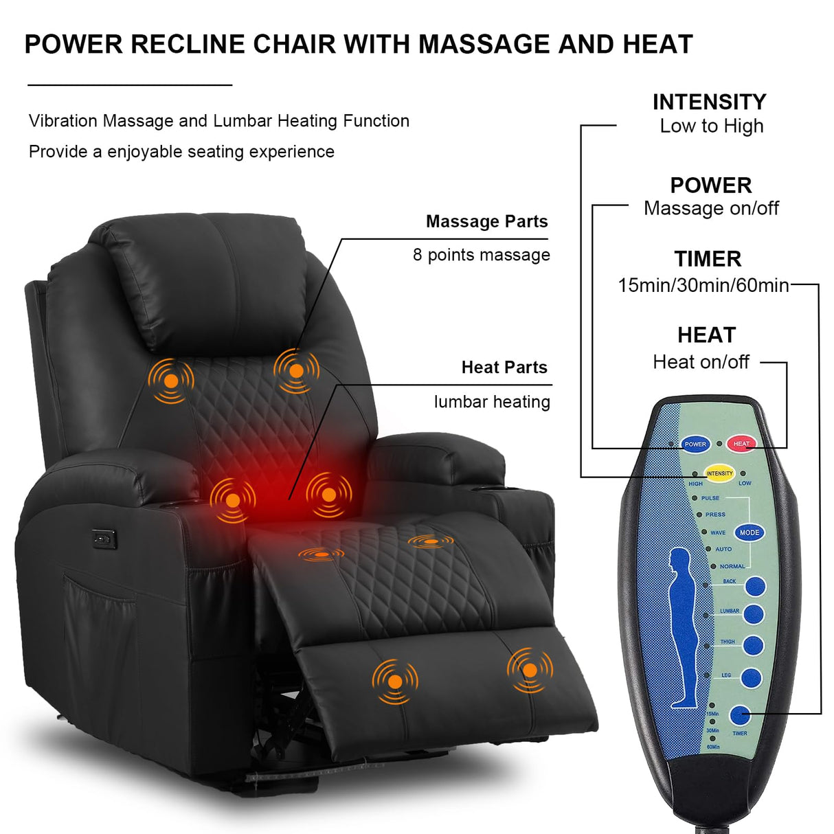 AHMED Power Recliner Chair, Home Theater Seating with LED Ambient Lighting, PU Leather Lazy Sofa Heat Massage Chair with Cup Holders/Side Pockets/USB Ports for Living Room, Dark Black, Set of 2 AHMED