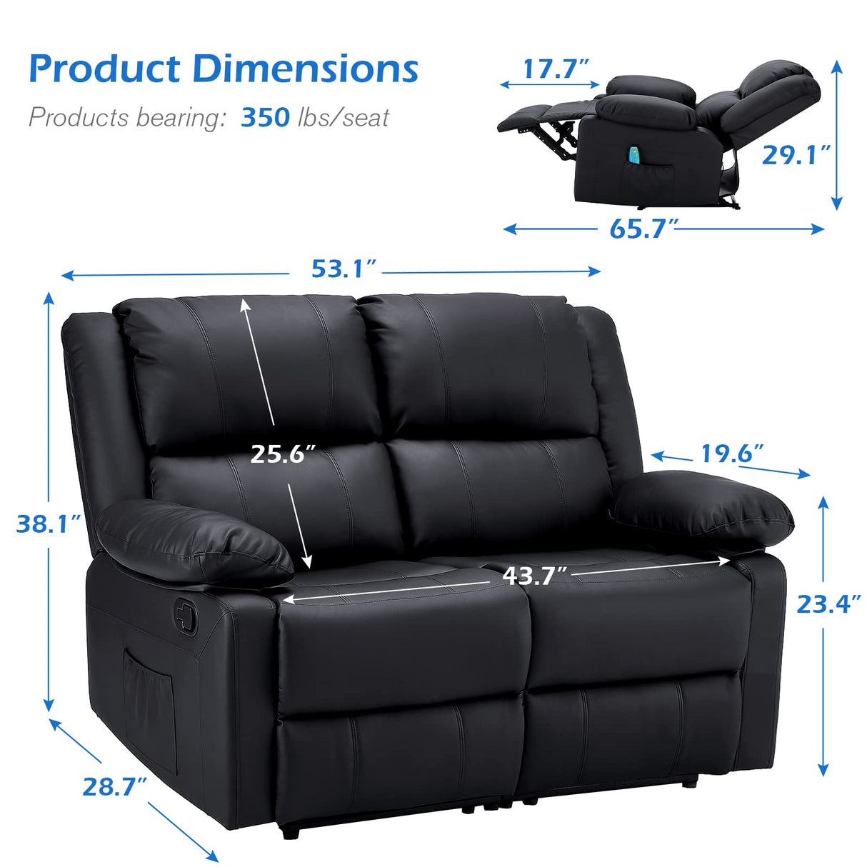YODOLLA Home Theater Seating with Massage and Heat, RV Couch Wall-Hugger Reclining Sofa with Side Pockets for Living Room, Black YODOLLA