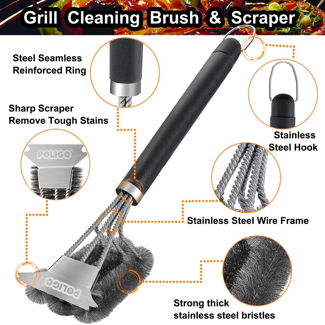POLIGO Safe Grill Brush and Scraper with Deluxe Handle - 18" Grill Cleaner Brush Stainless Steel Bristle Grill Brush for Outdoor Grill Wizard Grate - BBQ Brush for Grill Cleaning Ideal Grilling Gifts POLIGO