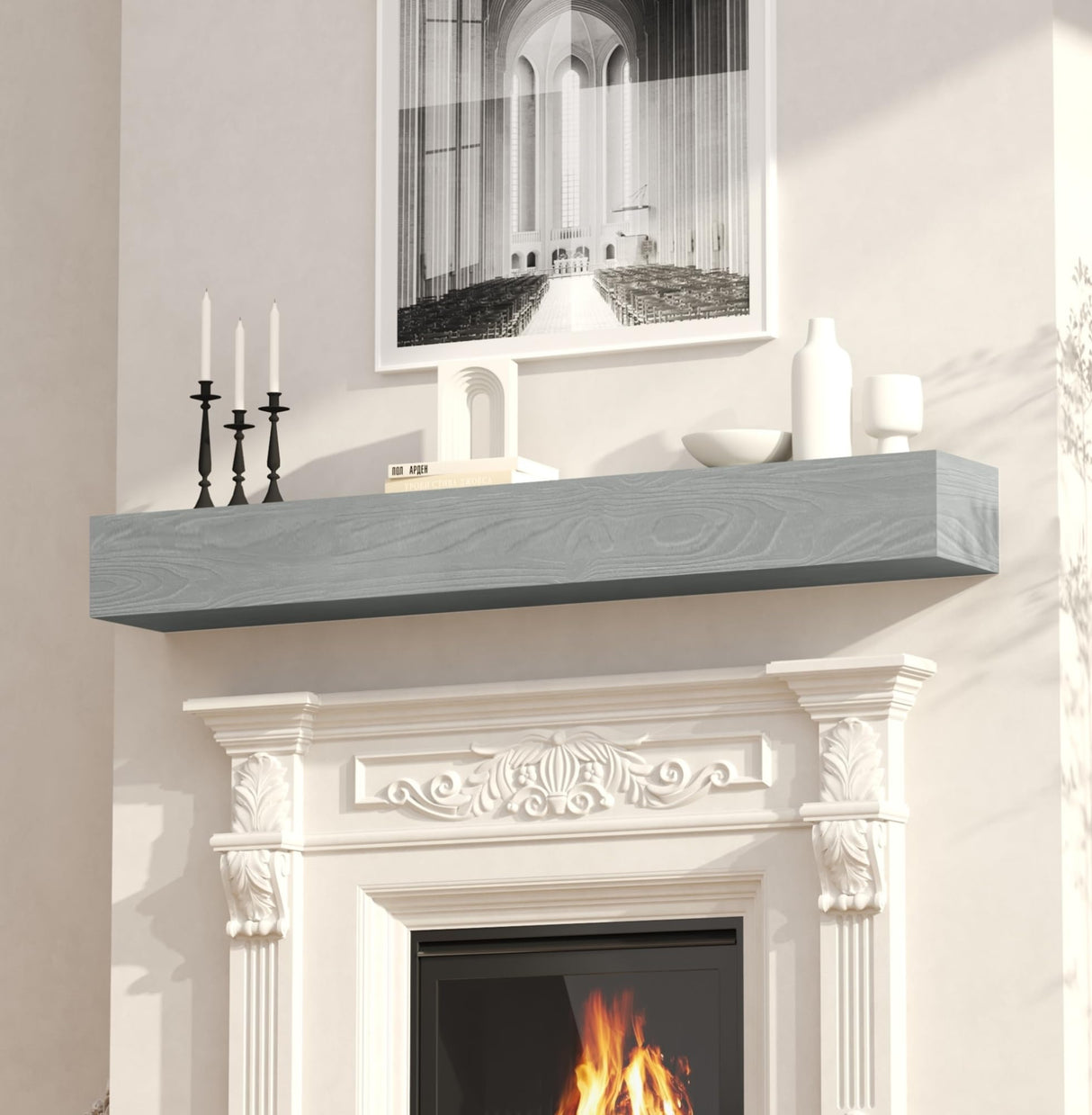 CRAFTEASE Fireplace Mantel 72 Inch Solid Wood Mantels for Over Fireplace 5" Thick Wall Mounted Shelves Long Floating Farmhouse Shelf Handcrafted Wooden Fireplace Mantle 72 X 8 X 5 - Weathered Grey CRAFTEASE