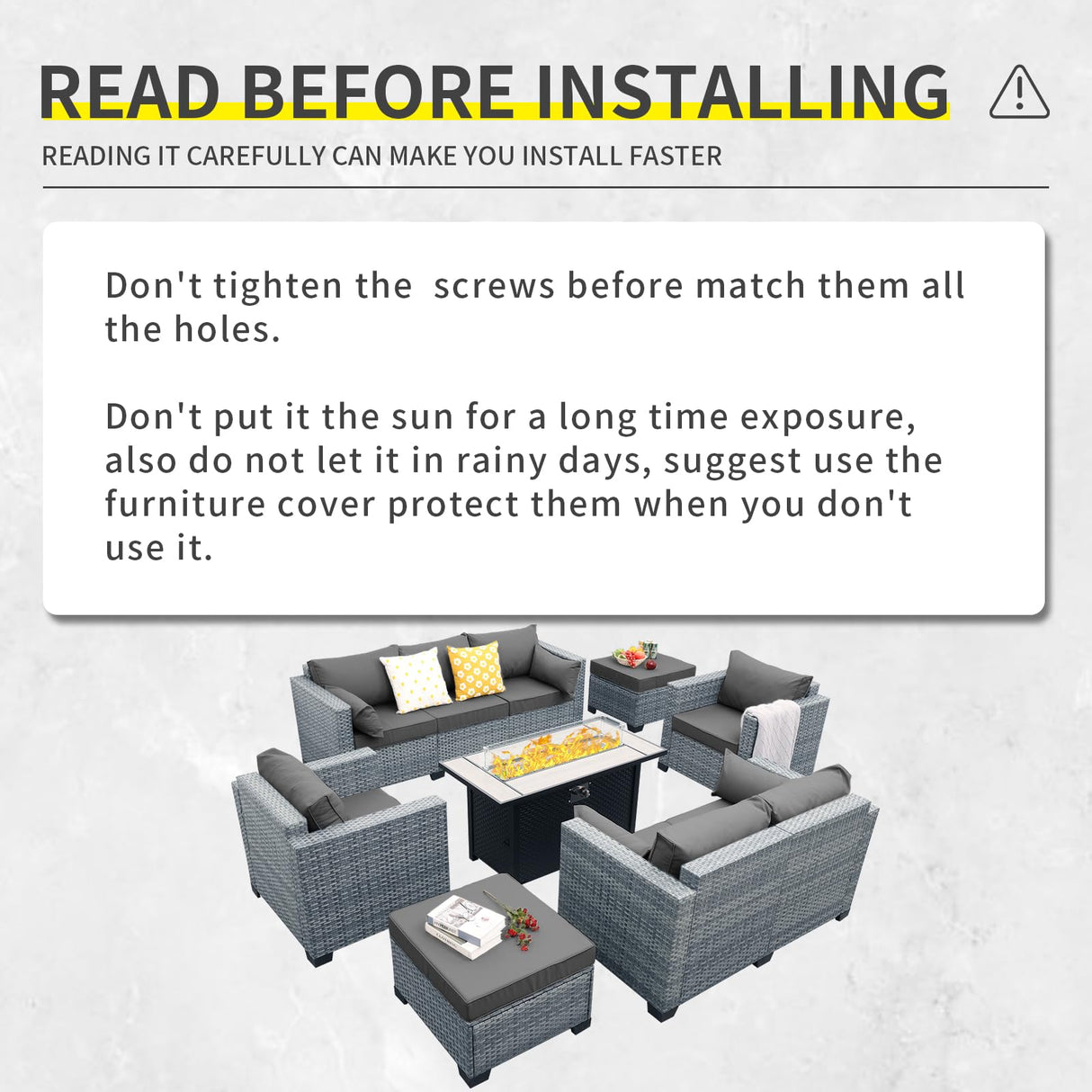 Lviden 7 Piece Wicker Patio Furniture Sets Outdoor Conversation Set, PE Rattan Sectional Sofa Couch with Fire Pit Table and Non-Slip Grey Cushions, Furniture Covers Included Lviden