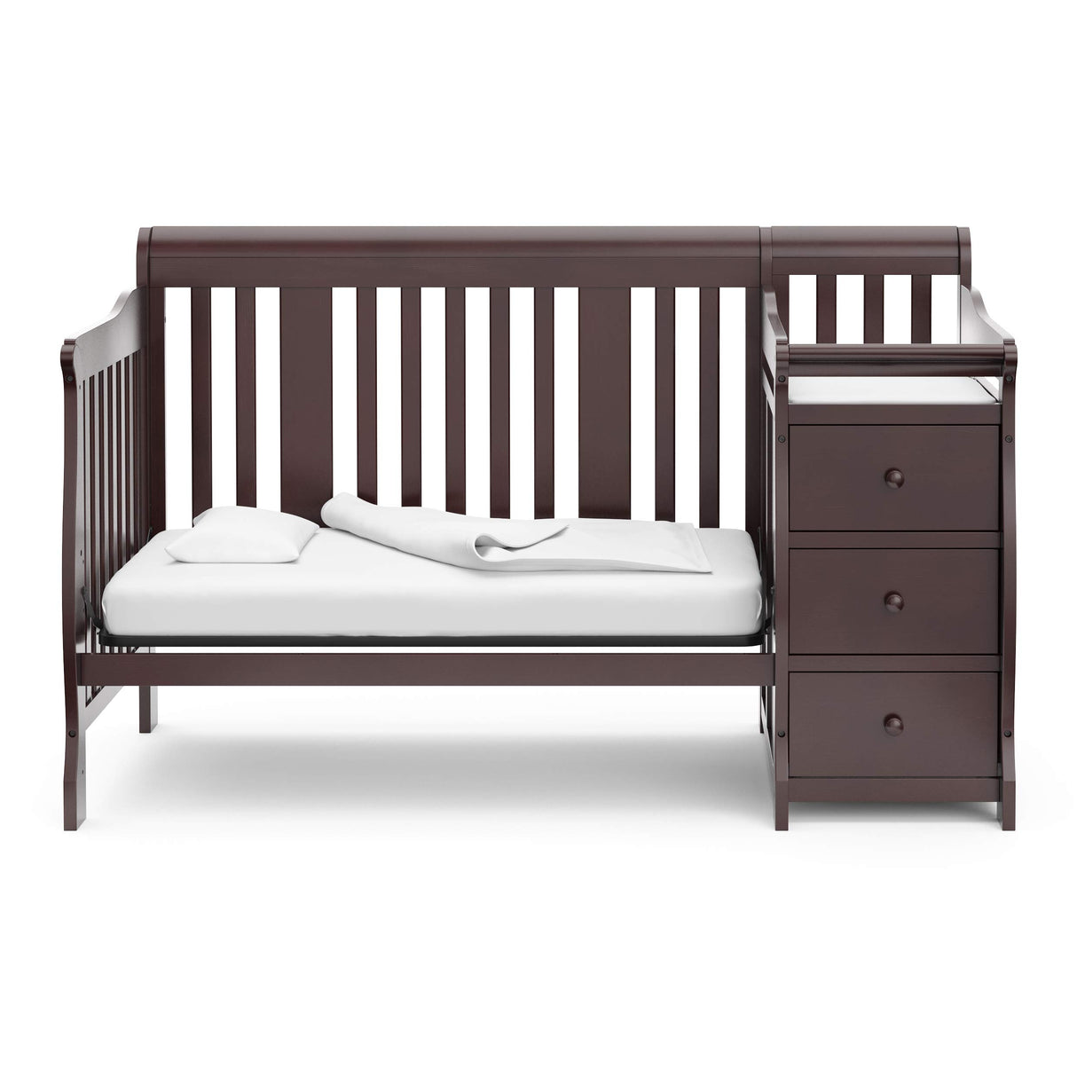 Storkcraft Portofino 5-in-1 Convertible Crib and Changer (Espresso) – Crib and Changing -Table Combo with 3 Drawers, Includes Baby Changing Pad, Converts to Full-Size Bed Storkcraft
