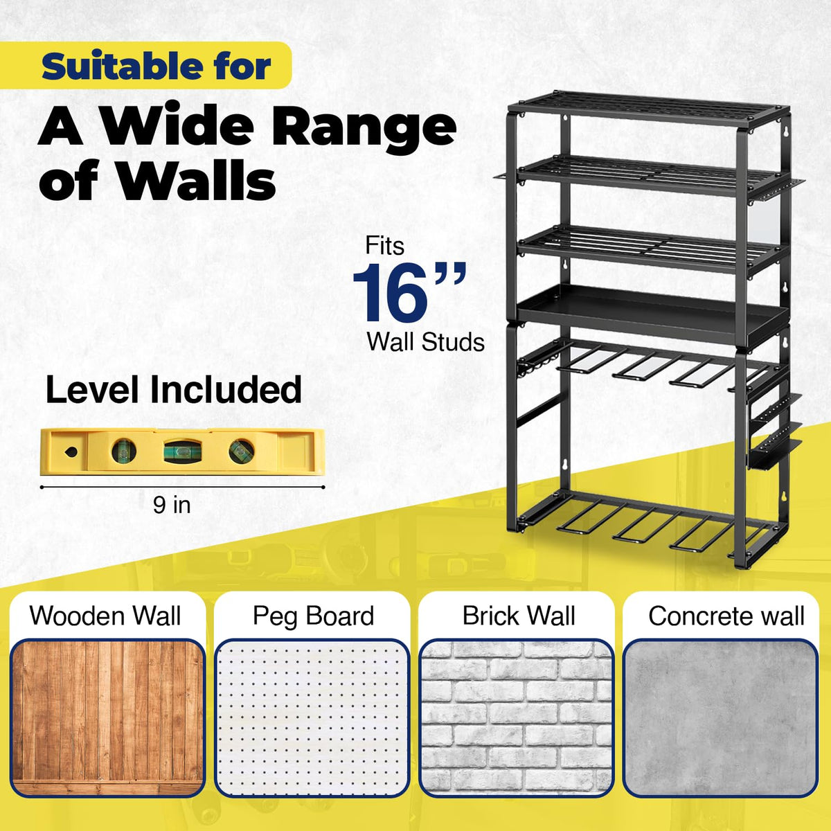 Heavy Duty Power Tool Organizer Wall Mount (Holds Up to 165 lbs) Include Level for Easy Multisurface Install Tool Organizer with Customizable Shelves Multi-Tool Holder for Drills, Hammers & Hand Tools Decluttify