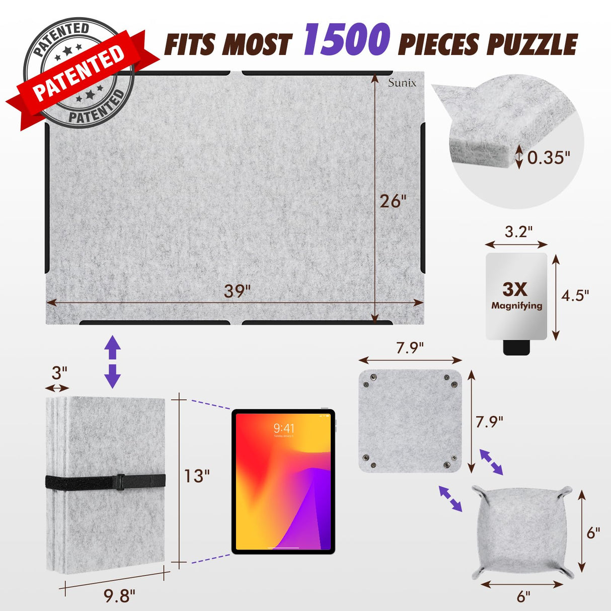 Sunix 1500 Pieces Jigsaw Puzzle Board, Foldable Puzzle Mat with Non-Slip Surface & 4 Sorting Trays, 39" x 26" Large Portable Puzzle Board Puzzle Pad, Felt Puzzle Table Top for Adults and Kids Sunix