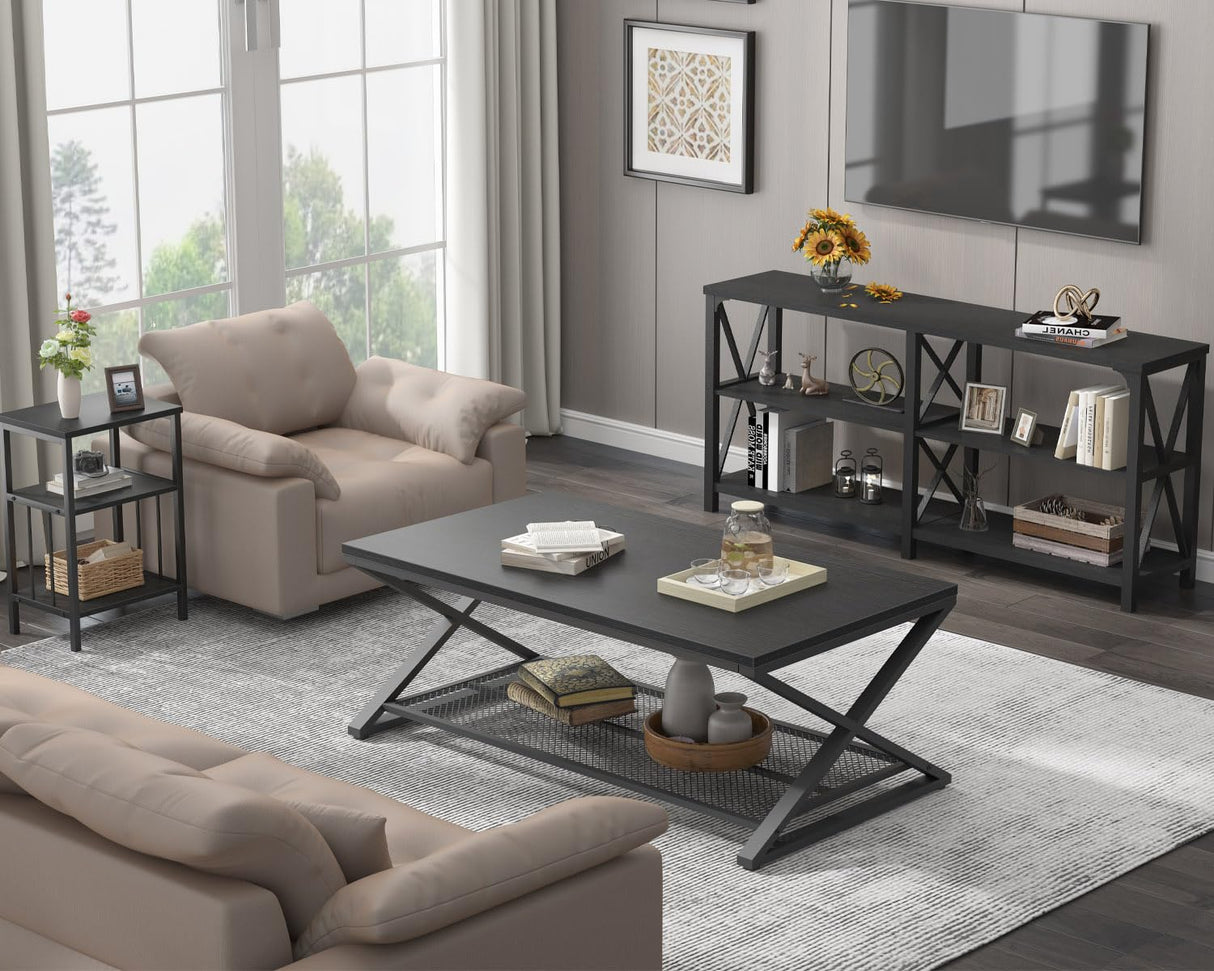 LVB Black Coffee Table, Wood Metal 2 Tier Center Tables with Storage Shelf, Modern Rectangular Concrete Tea Table for Living Room, Wooden Middle Cocktail Table for Office Bedroom, 47 inch, Black Oak LVB