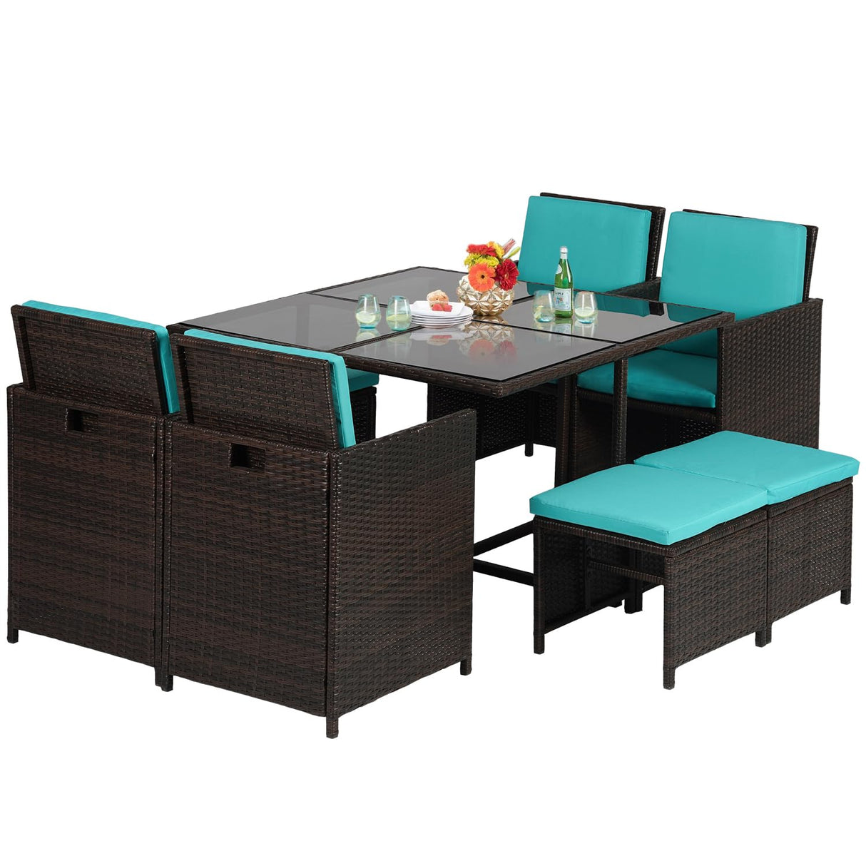 Outdoor Patio Furniture Set 9 Pieces Patio Dining Sets Space Saving Wicker Furniture with 4 Rattan Chairs 4 Ottomans and Glass Table for Outdoor Backyard Porch Poolside Balcony,Khaki Cushion (Blue) PayLessHere
