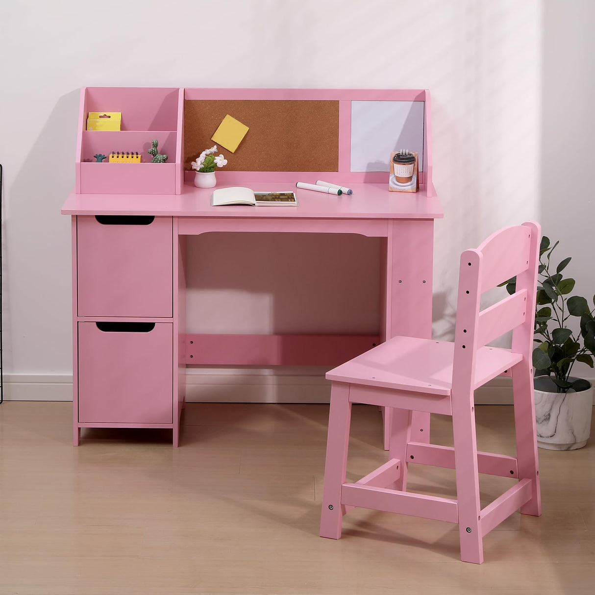 GarveeHome Kids Study Desk and Chair Set, Wooden School Learning Table with Storage, Hutch and Bulletin Board, Children Computer Desk with Chair, Small Toddler Desk for Home, School, Pink GarveeHome