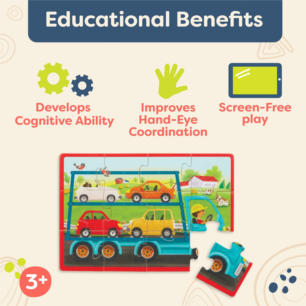 B. toys- Pack o' Puzzles - Trucks- Wooden Puzzle Set – 4 Truck Puzzles – Car Carrier, Loader, Excavator, Dump Truck – 12-Piece Jigsaw Puzzles for Kids – 3 Years + B. toys