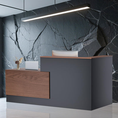 kaiwrxin L-Shaped Modern Reception Desk with Counter & Storage - 84" Large Office Front Desk, Salon Checkout Counter with Lockable Cabinets, Shelves (Brown & Black, Right - 84''L x 34''W x 41''H)