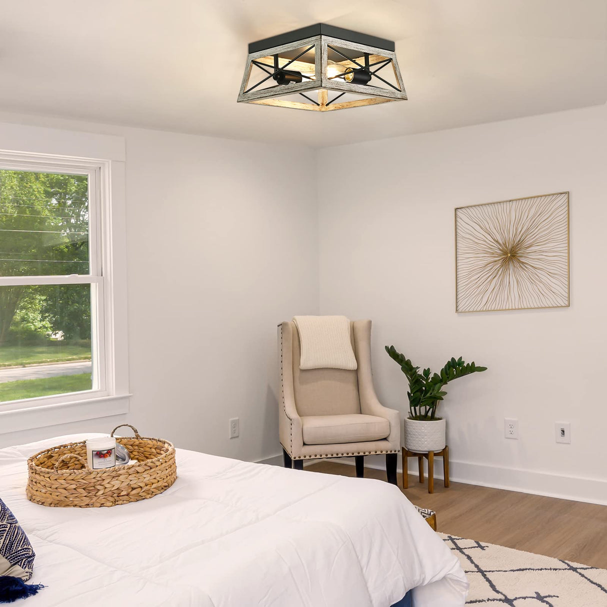 DEWENWILS Farmhouse Flush Mount Ceiling Light, Metal Ceiling Light Fixture with Wood Grain Finish, 2-Lights Hallway Light Fixture Ceiling Mount for Entryway, Foyer, Dining Room DEWENWILS