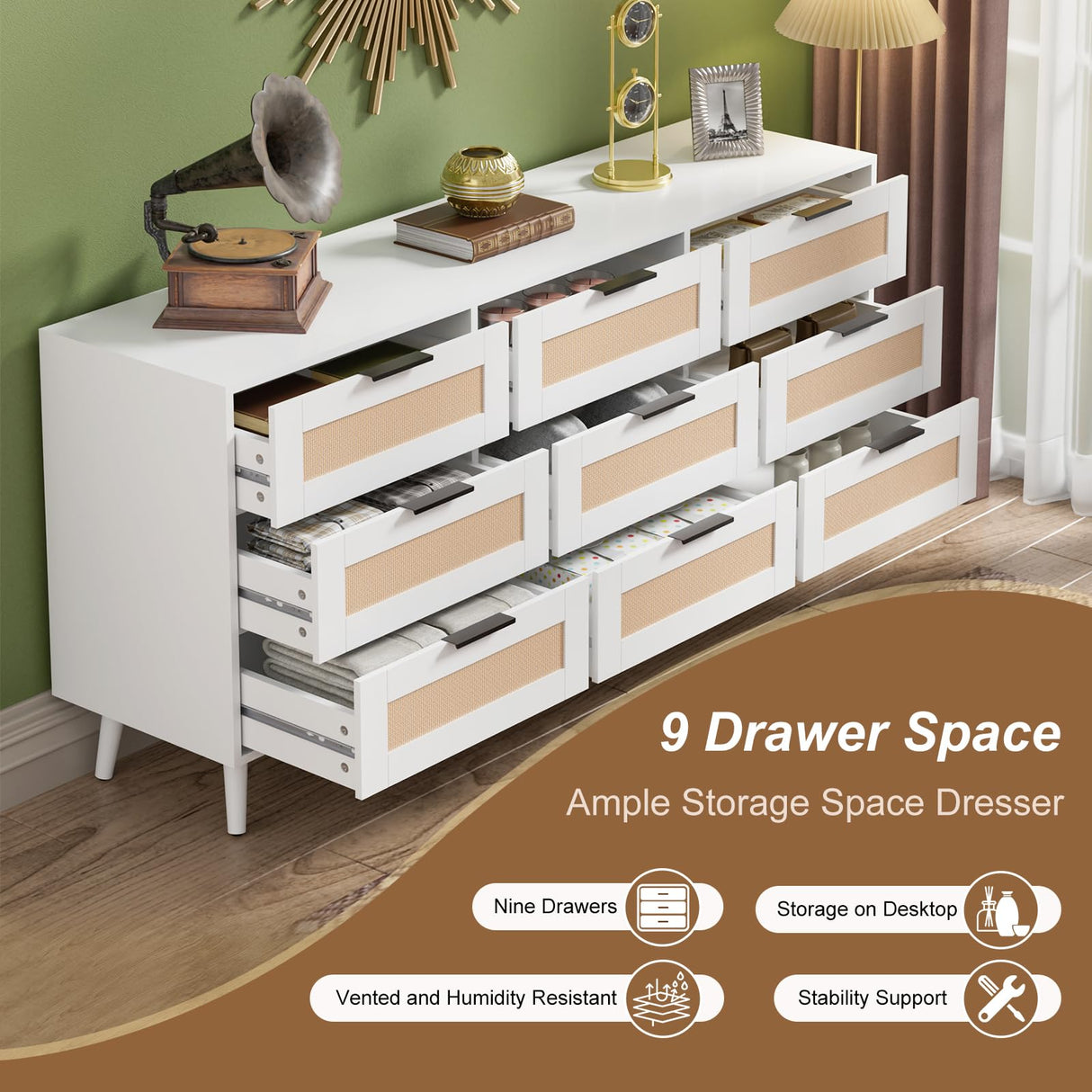 UEV Rattan 9 Drawer Triple Dresser for Bedroom,63" White Dresser TV Stand for TVs up to 75",Wide Chest of Drawers,Large Storage Long Dresser with Modern Rattan Drawers for Living Room UEV