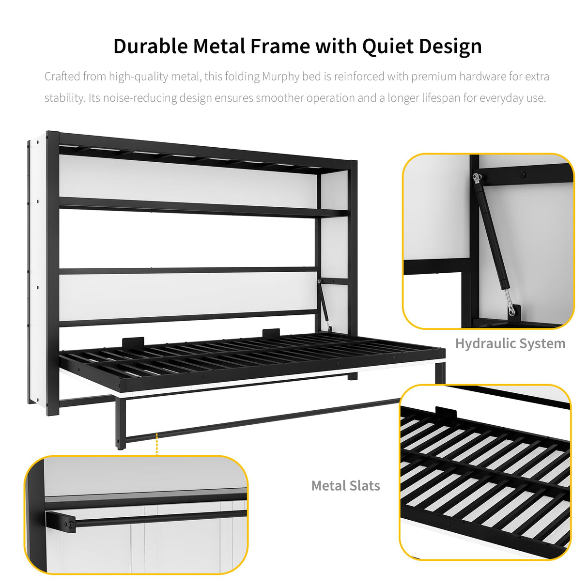 Polibi Twin Murphy Bed with Built-in Storage Shelf, Space-Saving Foldable Metal Wall Bed Frame for Small Spaces,Guest Room & Home Office,White Polibi