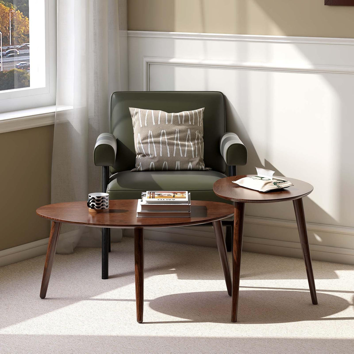 Wayshome Small Oval Coffee Table, Mid Century Modern Coffee Table for Living Room, 100% Solid Oak Wood Side Table End Tables for Home (Walnut Wood Color, 33.46''x22.83''x15.74'') Wayshome