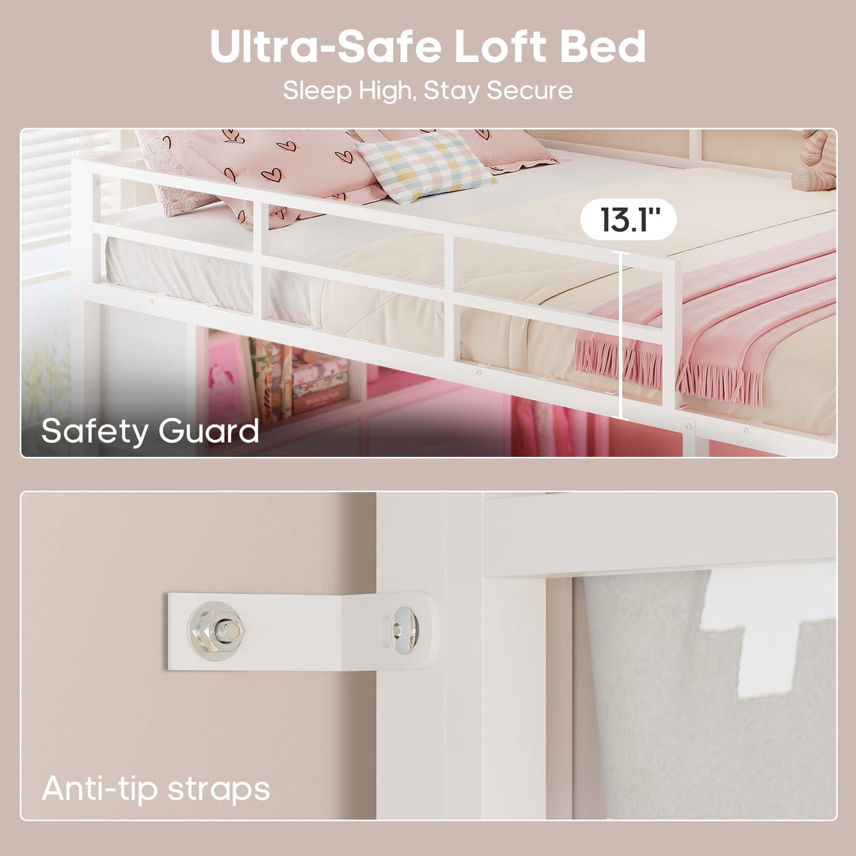 ADORNEVE Loft Bed Full Size with Desk and 8 Storage Drawers, LED Metal Loft Bed with Power Outlet, 2 Shelves & Clothing Rack, Bed with Safety Guardrail & Ladder,Space-Saving, White ADORNEVE