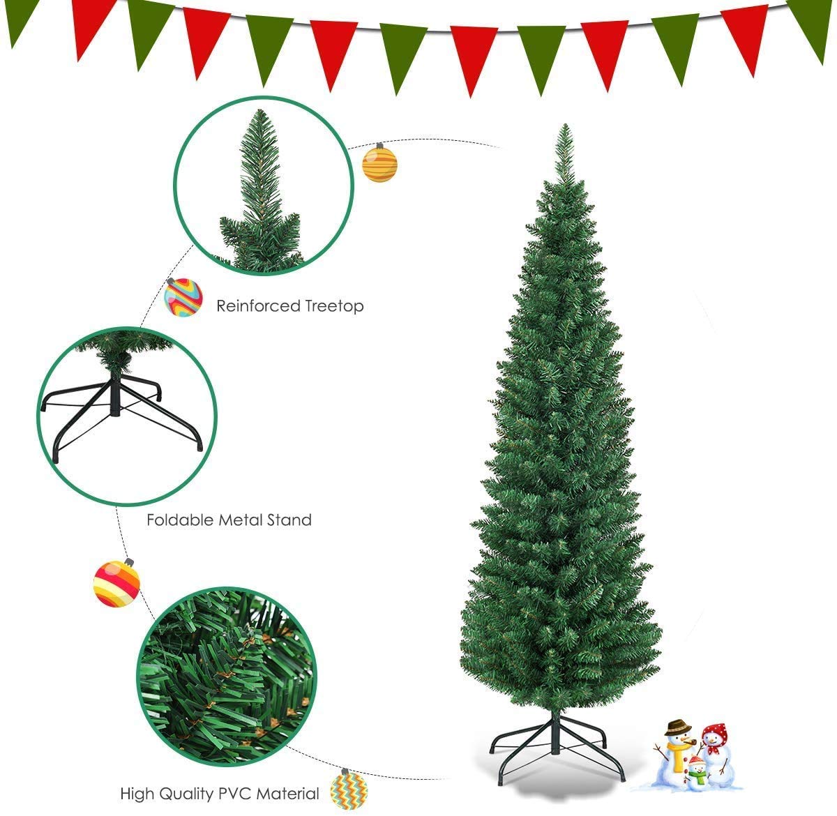 Giantex, Green Artificial Pencil Christmas, Premium Hinged Pine Tree with Solid Metal Legs, Perfect for Home, Shops and Holiday Decoration, (5FT) (Artificial Pencil Christmas Tree) Giantex