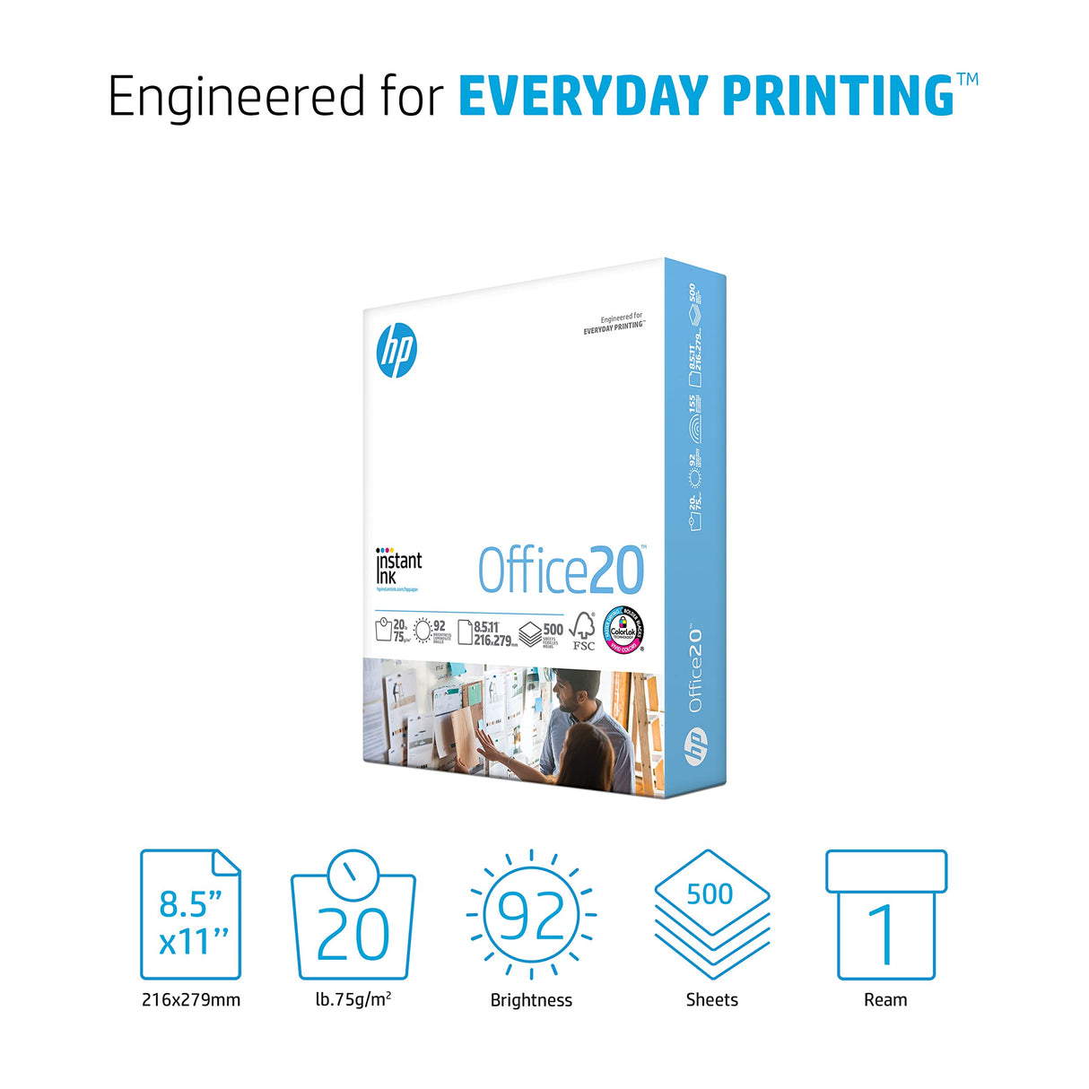 HP Papers | 8.5x11 Paper |Office 20 lb | 1 Ream - 500 Sheets | 92 Bright | Made in USA - FSC Certified | 112150R HP