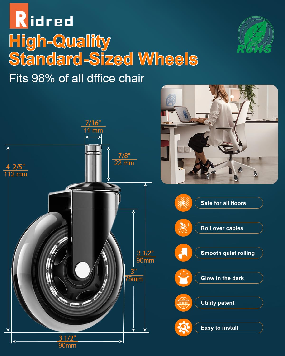 RidRed Office Chair Wheels - Replacement Rubber Wheels - Universal Fit 3 Inch Chair Casters, Heavy-Duty Chair Wheels, Noise Free, Fits 98% Chair, for All Floor (5) RidRed