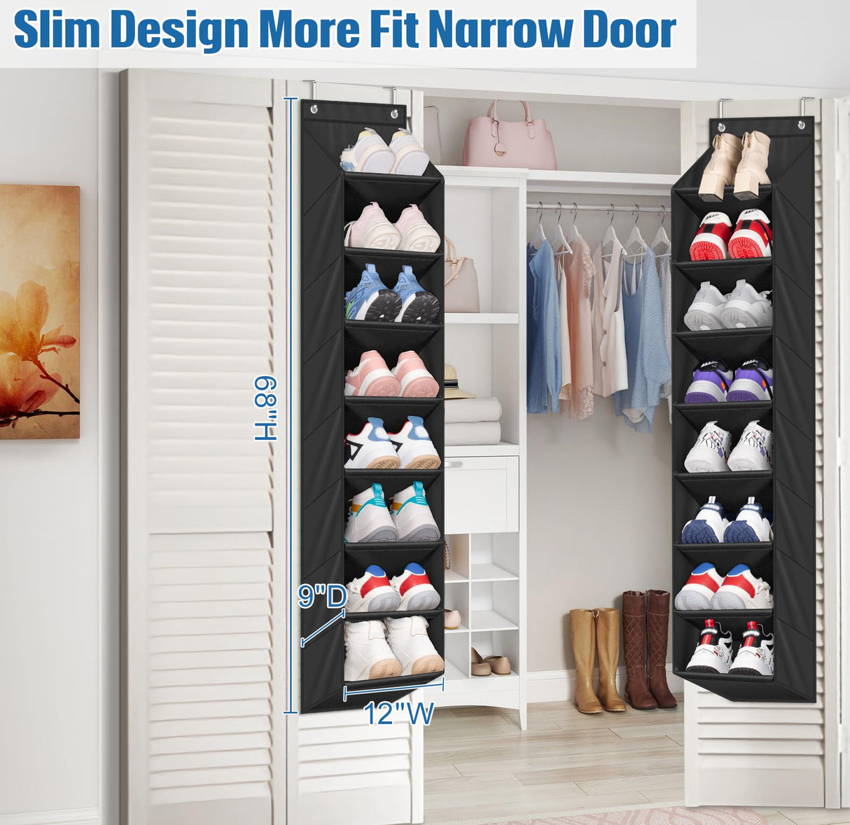 SLEEPING LAMB 2 Pack Narrow Over The Door Shoe Organizer with 8 Large Deep Pockets, Hanging Shoe Rack for Closet Door Storage for Boots, Sneakers (Black) SLEEPING LAMB