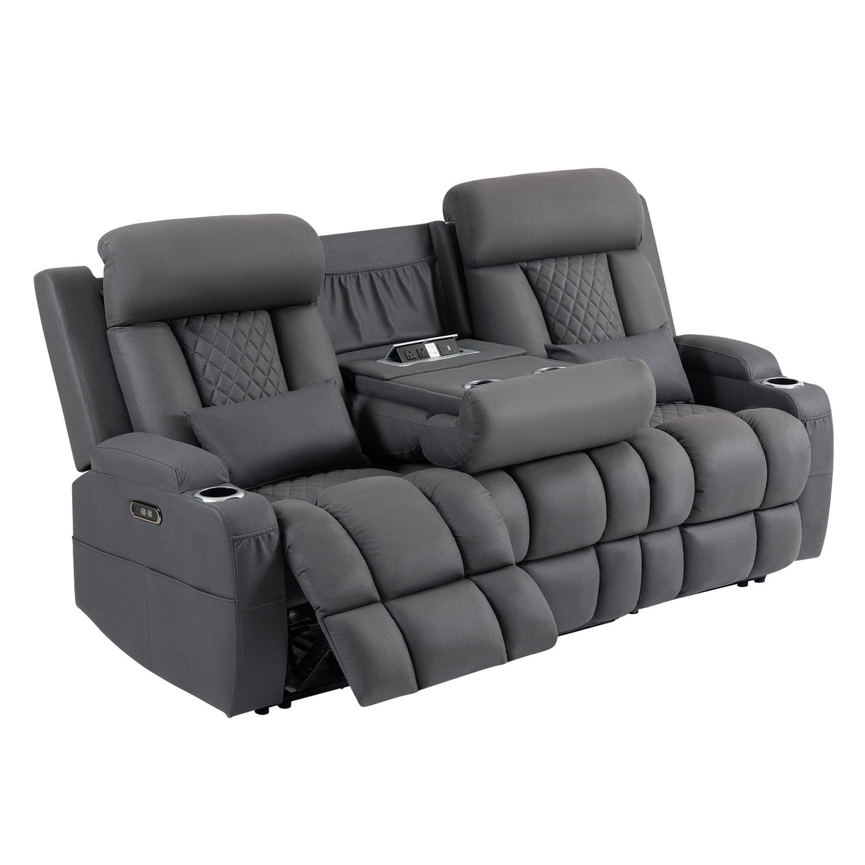 CALIVIA Wall Hugger Power Reclining Sofa with Manual Adjustable Headrests, Electric Recliner Couch with Drop-Down Table, Power Recliner Sofa 3-Seater with Charging Ports for Living Room (Grey) CALIVIA