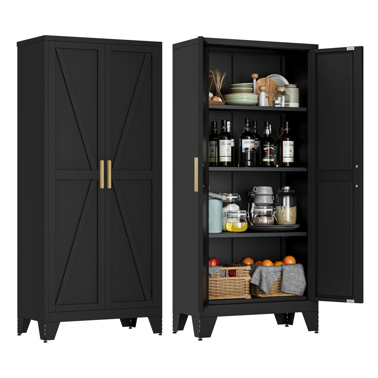 61" Tall Metal Storage Cabinet with 2 Doors and 3 Adjustable Shelves, 4-Tier Kitchen Pantry Storage Cabinet for Kitchen, Living Room, Dining Room and Office, Black LCAOPC