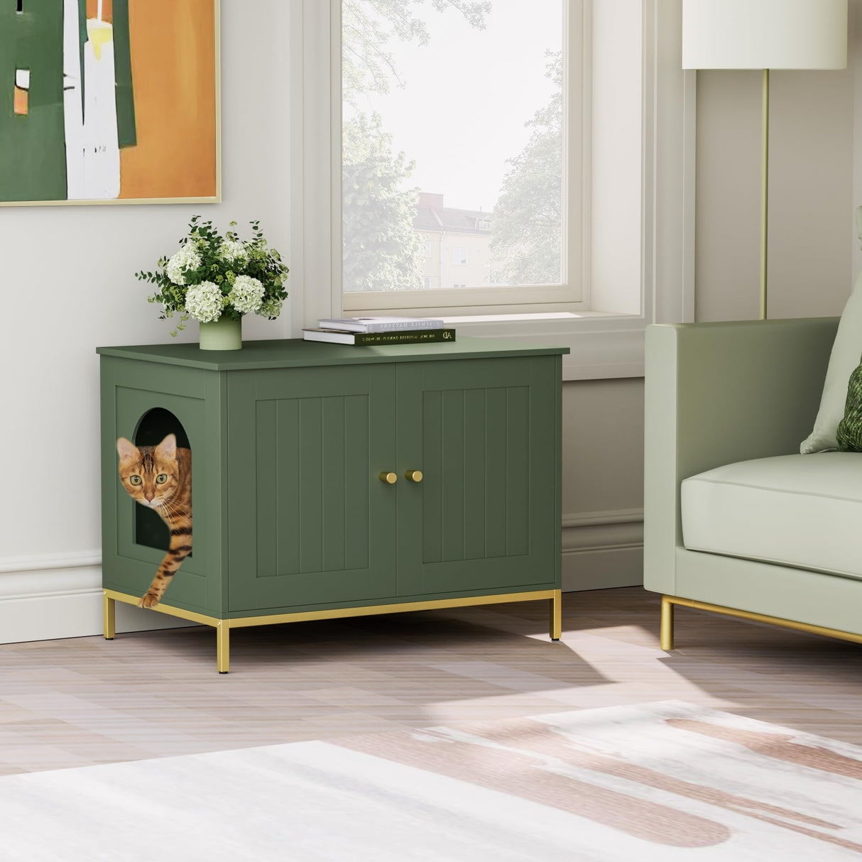 Homhedy Cat Litter Box Enclosure, Cat Washroom Furniture with Metal Frame, Pet House, Fit Most of Litter Box, Modern Style, Green and Gold Homhedy