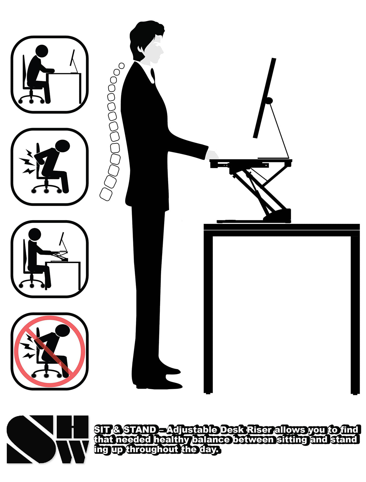 SHW 28" Over Desk Height Adjustable Standing Desk, Black SHW