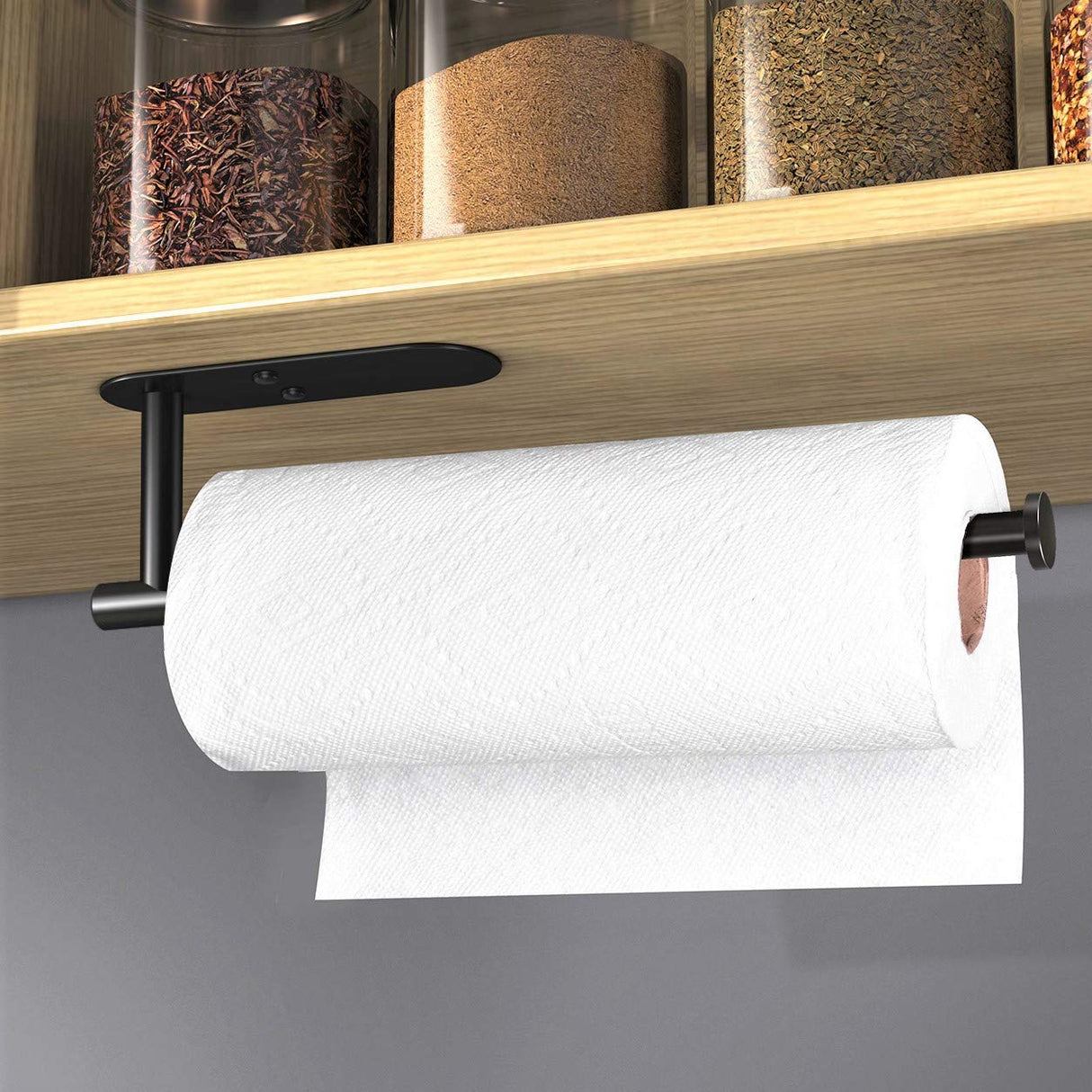 VAEHOLD Adhesive Paper Towel Holder Under Cabinet Wall Mount for Kitchen Paper Towel, Black Paper Towel Roll Holder Stick to Wall, SUS304 Stainless Steel(Black) VAEHOLD