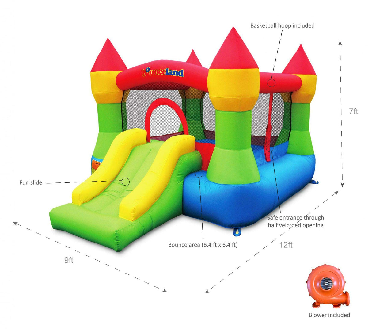 Bounceland Bounce House Castle with Basketball Hoop Inflatable Bouncer, Fun Slide, Safe Entrance Opening, UL Certified Strong Blower Included, 12 ft x 9 ft x 7 ft H Bounceland