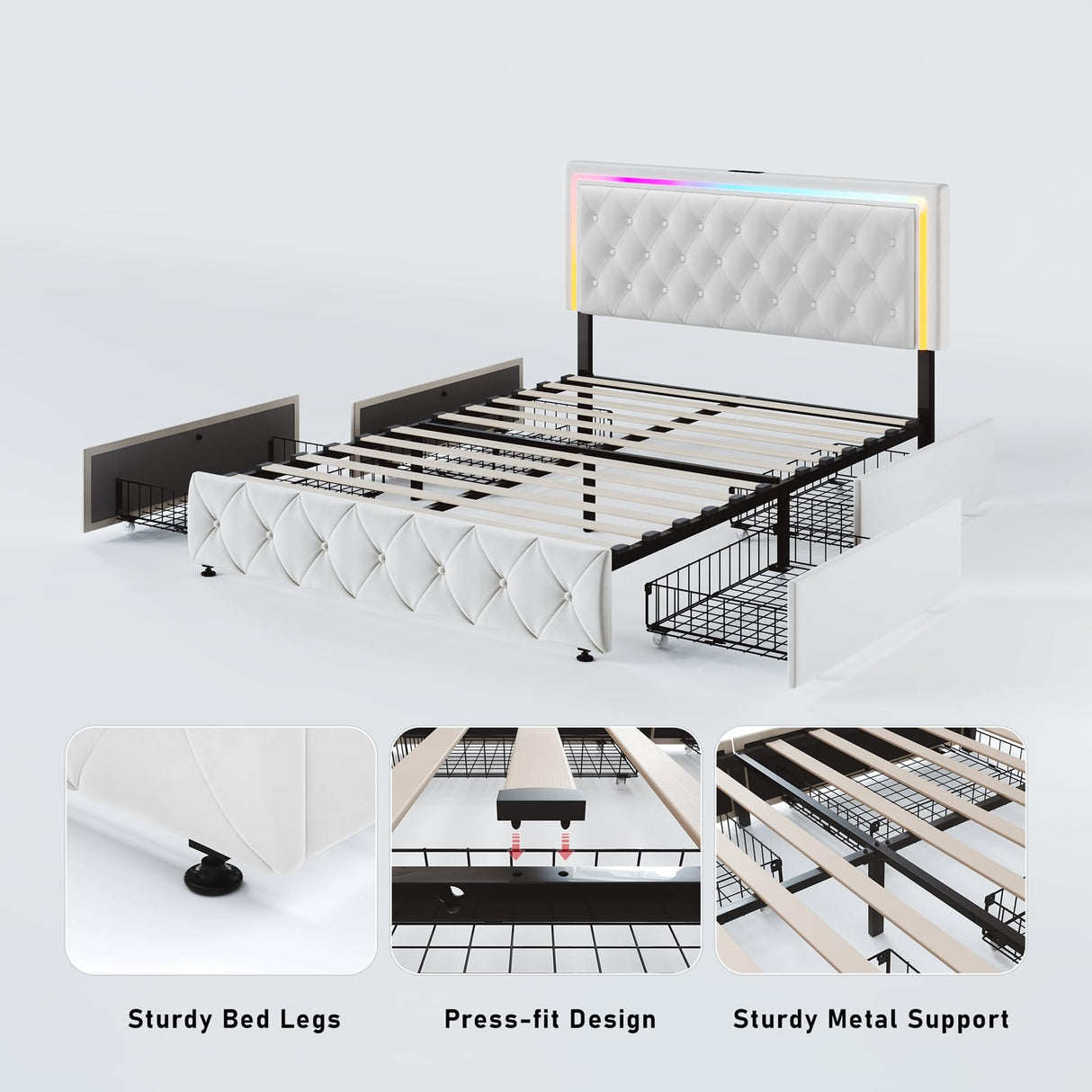 Elegant White Queen Bed Frame with LED Headboard, Storage Drawers, and Fast Charging Station XEPAMU