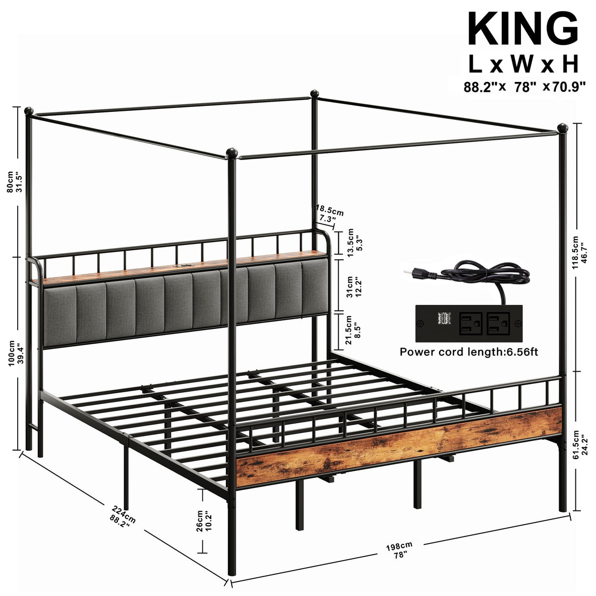LIKIMIO Canopy Bed Frame King, Storage Headboard with Charging Station, Platform Bed with 4 Removable Sturdy Posts, Noise Free, No Box Spring Needed, Vintage Brown LIKIMIO