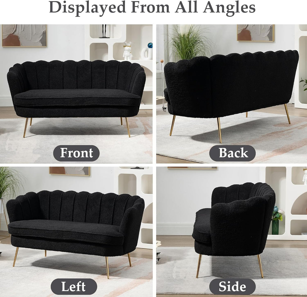 anwickjeff 59" Wide Modern Boucle Loveseat Small Sofa Small Mini Room Couch 2-Seater Sofa with Gold Metal Legs for Space Office Studio Apartment Bedroom (Black) anwickjeff