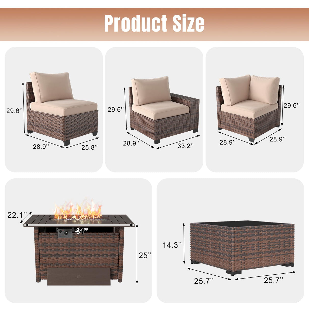 Aoxun 7 Pieces Patio Furniture Set with 44” Fire Pit Table Wicker Rattan Outdoor Sectional Conversation Set with Coffee Table and 4” Thickened Cushions, Beige (Waterproof Cover Included) Aoxun