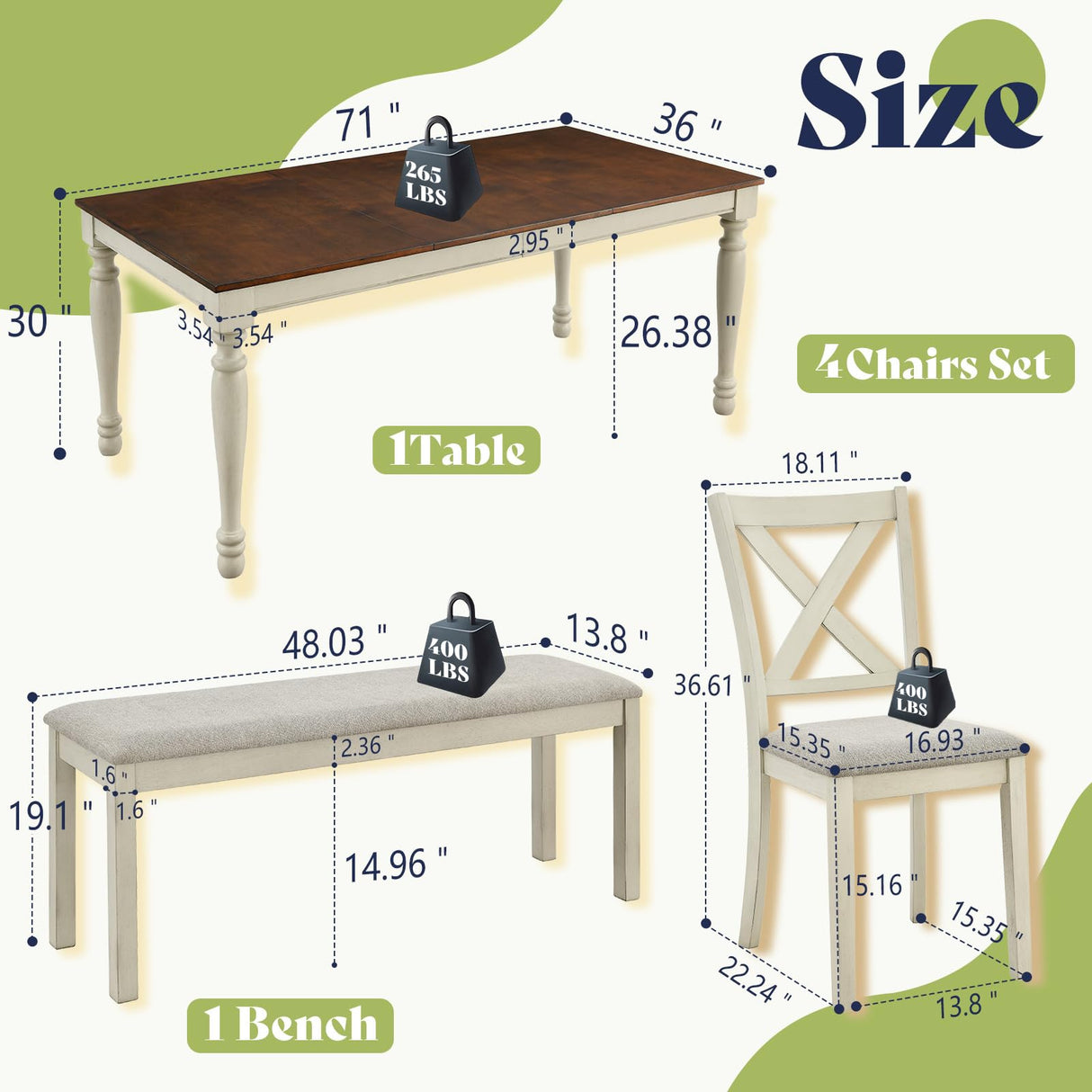 AMERLIFE 6-Piece Farmhouse Dining Table Set, 71” Solid Wood Table, 4 Upholstered Chairs and Bench, Rustic White and Walnut Finish, Seating for 6, for Kitchen or Dining Room AMERLIFE