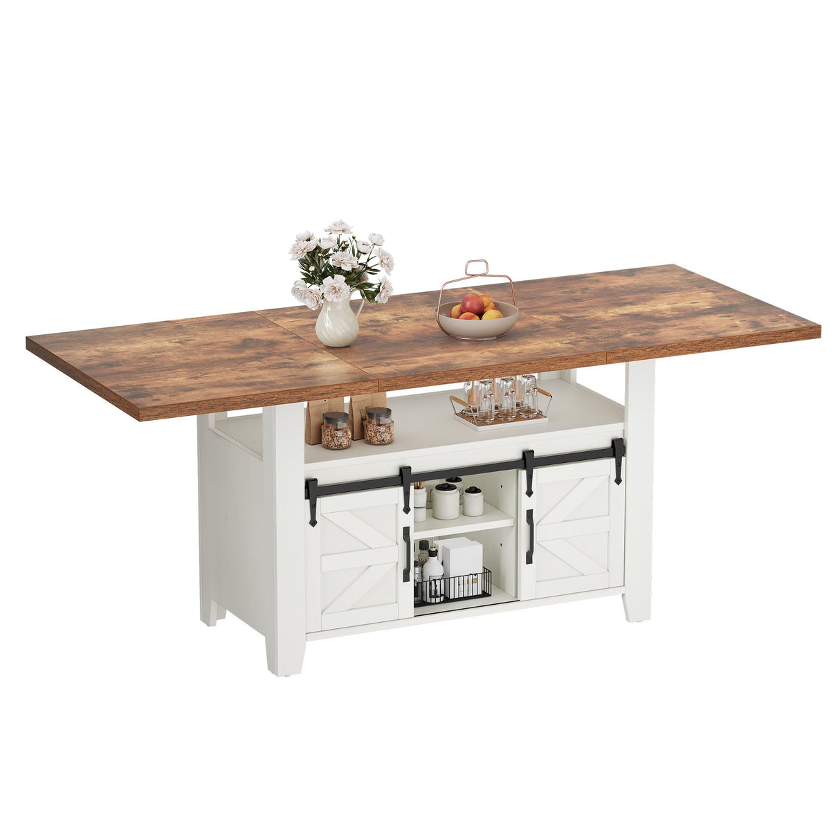 DWVO 70 Inches Rectangle Dining Table for 6-8 People Farmhouse Kitchen Table Large Dinner Table with Storage Cabinet Rustic Wooden Table for Dining Room Kitchen Apartment Resturant, White DWVO