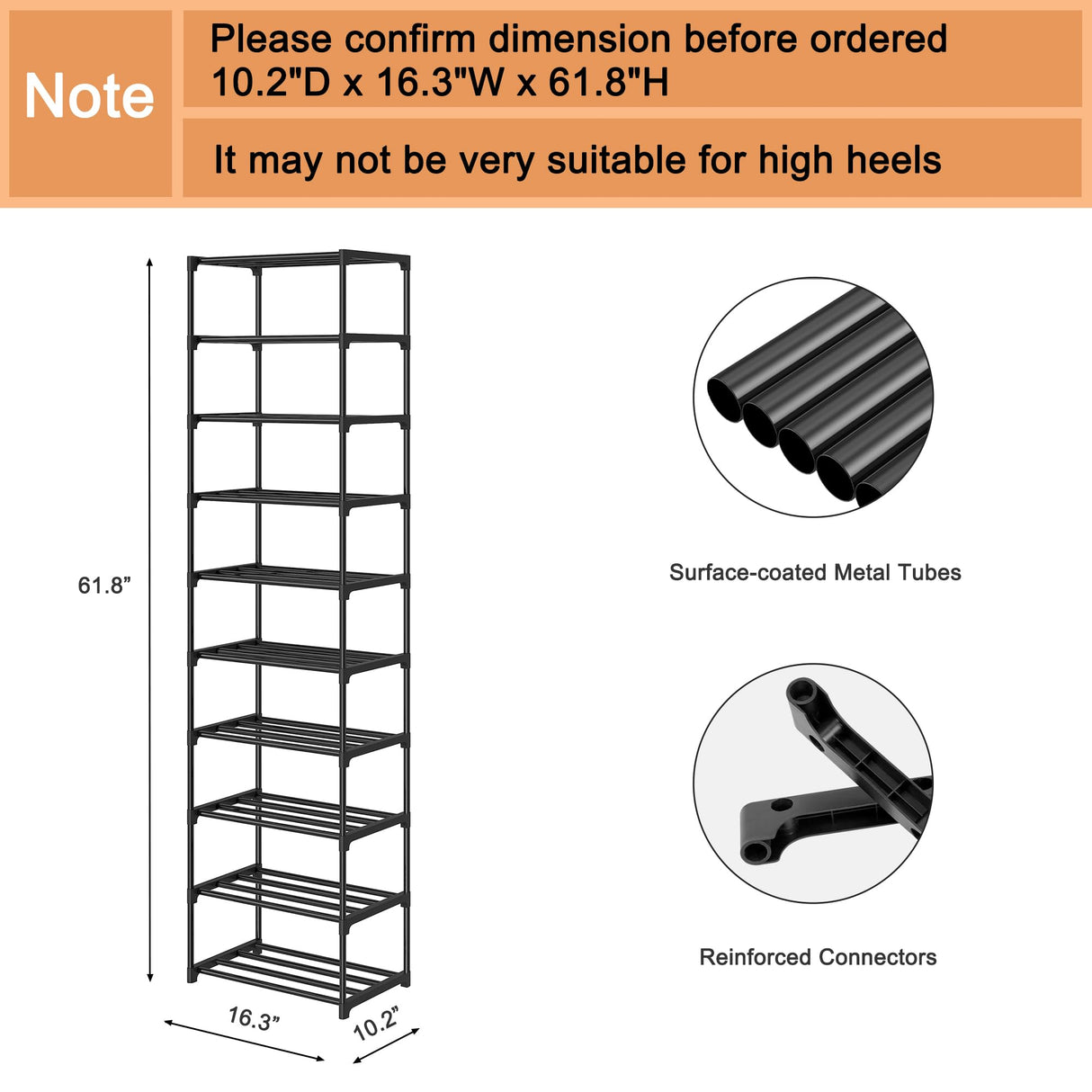 Autonomier 10 Tier Tall Shoe Rack, Narrow Lightweight Shoe Shelf, Compact Vertical Shoe Stand, Small Space Saving for Closet Floor, Dorm Storage Organizer, Front Door Entrance, Entryway Autonomier