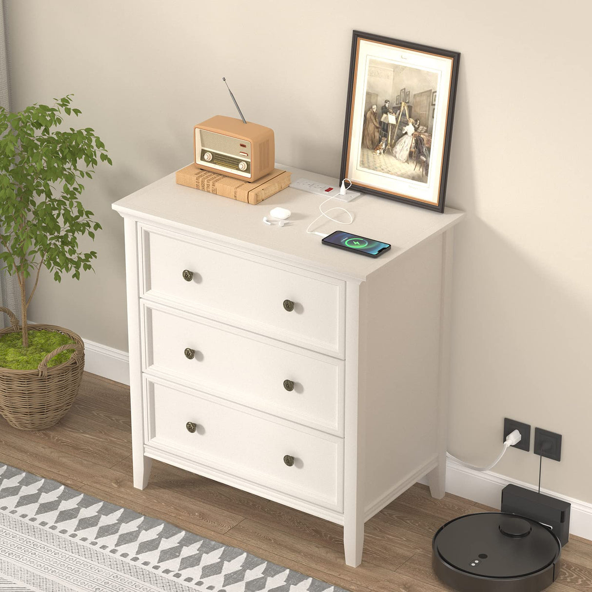 IKENO Nightstand with 3 Drawers and Charging Station, Solid Wood Dresser Organizer for Bedroom IKENO