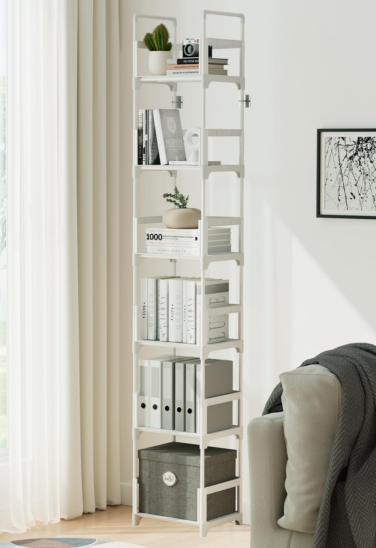 FIDUCIAL HOME 6 Tiers Tall Narrow Bookshelf Book Shelf Skinny White Bookcase Thin Slim Book Rack Storage Organizer Easy Assemble, Sturdy FIDUCIAL HOME