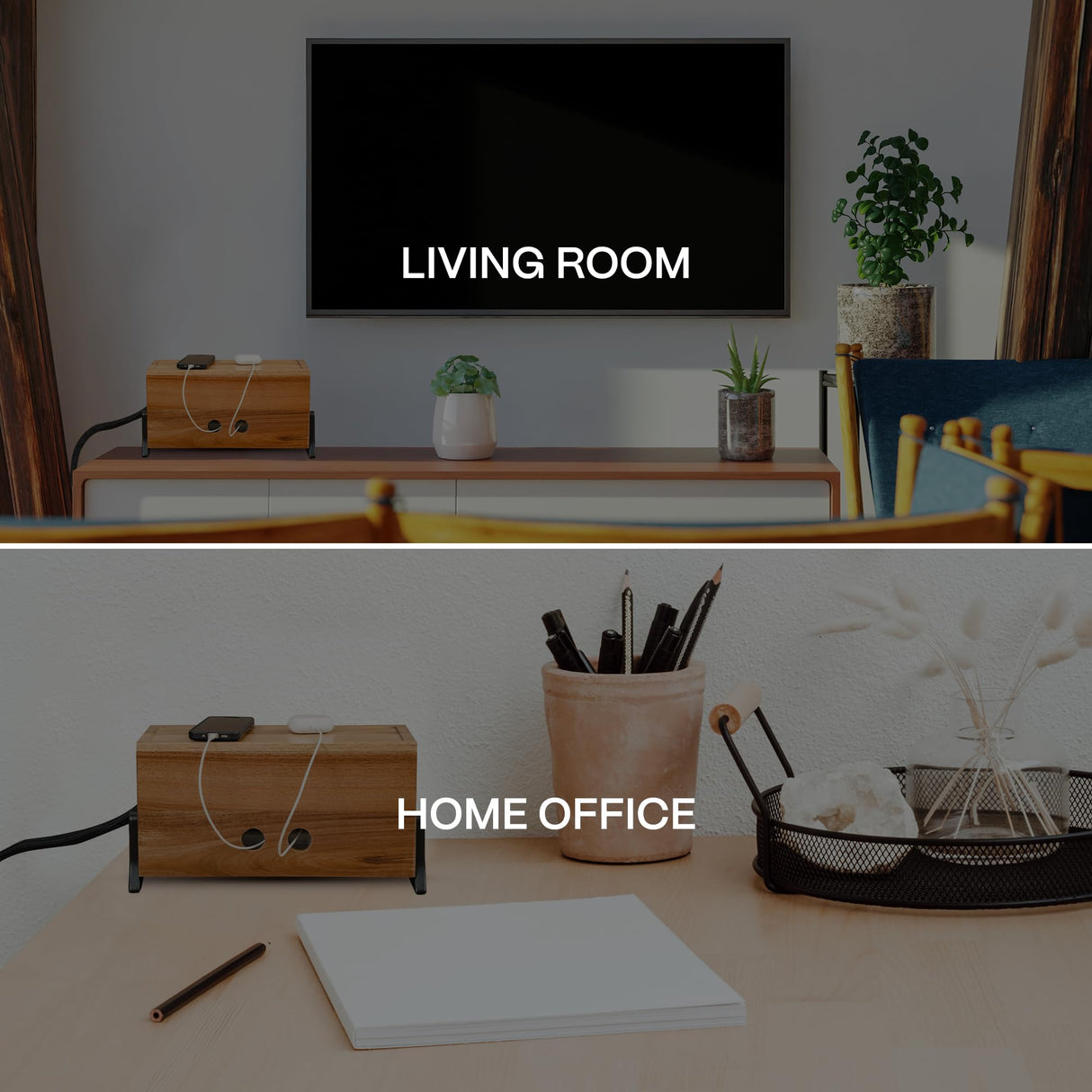 Extra Large Cable Management Box, Wood Cord Hider Box & Organizer for Power Strip, TV Wires & Desk Cable Storage COREMINDED