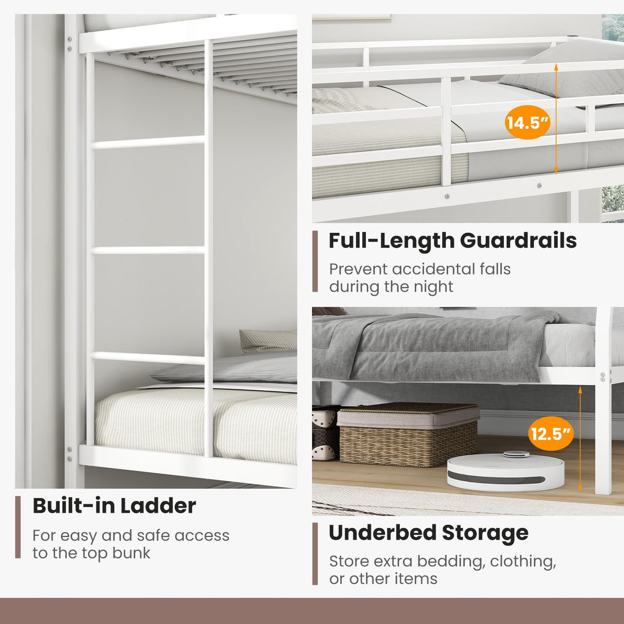KOMFOTT Metal Twin Over Full Bunk Bed, Heavy Duty Bed Frame with Integrated Ladder, Full-Length Guardrails for Teens & Adults, Space-Saving Bunk Bed for Bedroom & Dorm, No Box Spring Required KOMFOTT