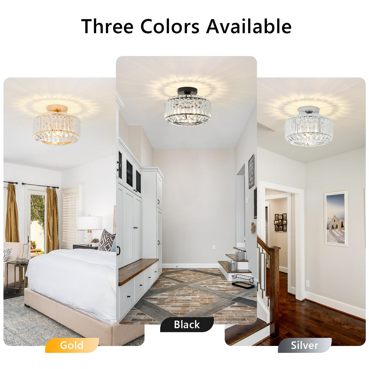 eyassi Crystal Semi Flush Mount Ceiling Light, Black Kitchen Lighting Fixtures Ceiling, Modern Bedroom Chandelier Living Room Light Fixtures Ceiling Mount, Bathroom Ceiling Light for Entryway Hallway eyassi