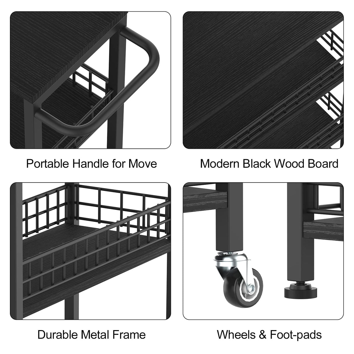 Narrow 4-Tier Rolling Storage Cart with Handle - Modern Black Utility Cart for Small Spaces NORCEESAN