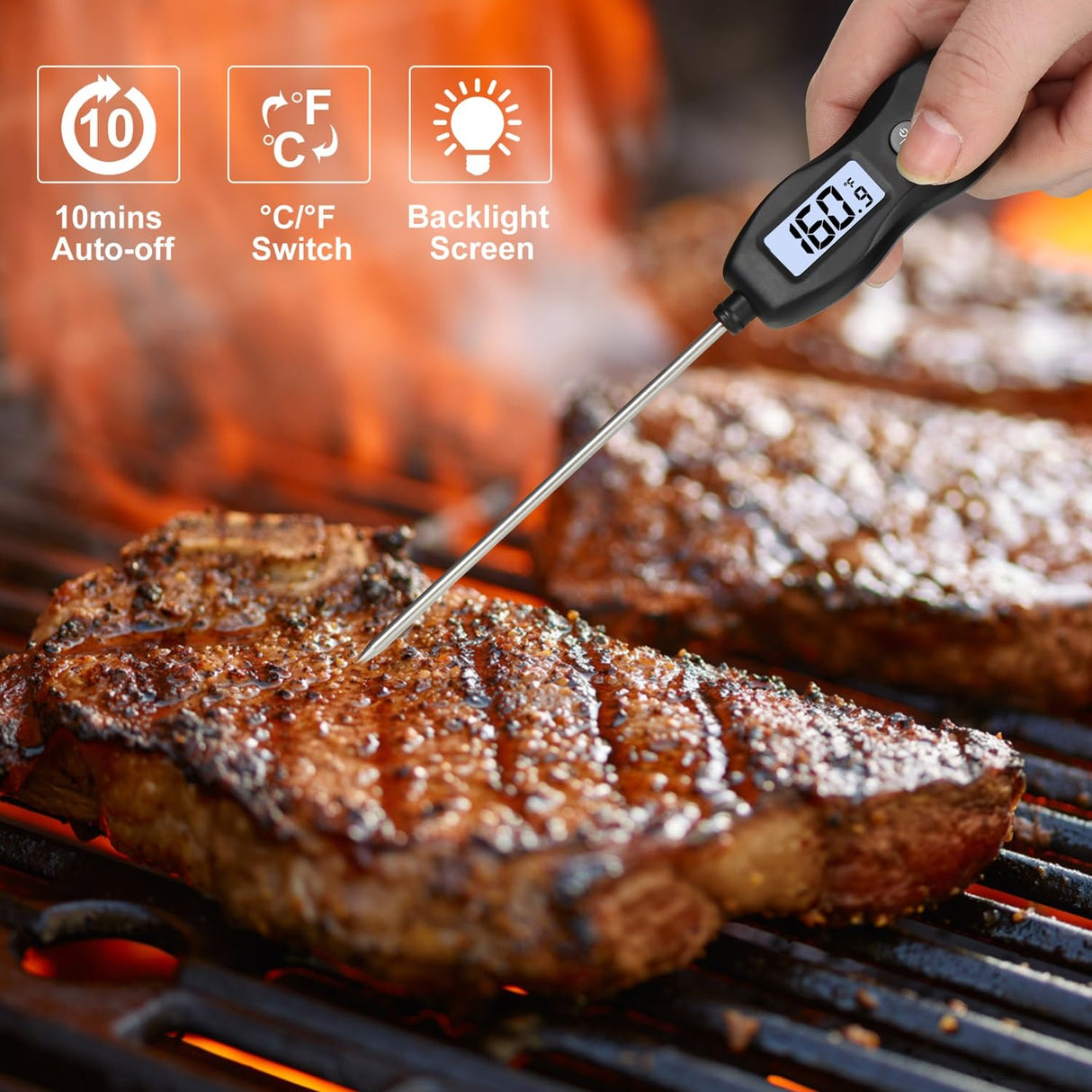 Digital Meat Thermometer Backlight,Waterproof Instant Read Food Thermometer for Cooking and Grilling for BBQ Grill Liquids Beef Turkey (Black) BRAPILOT