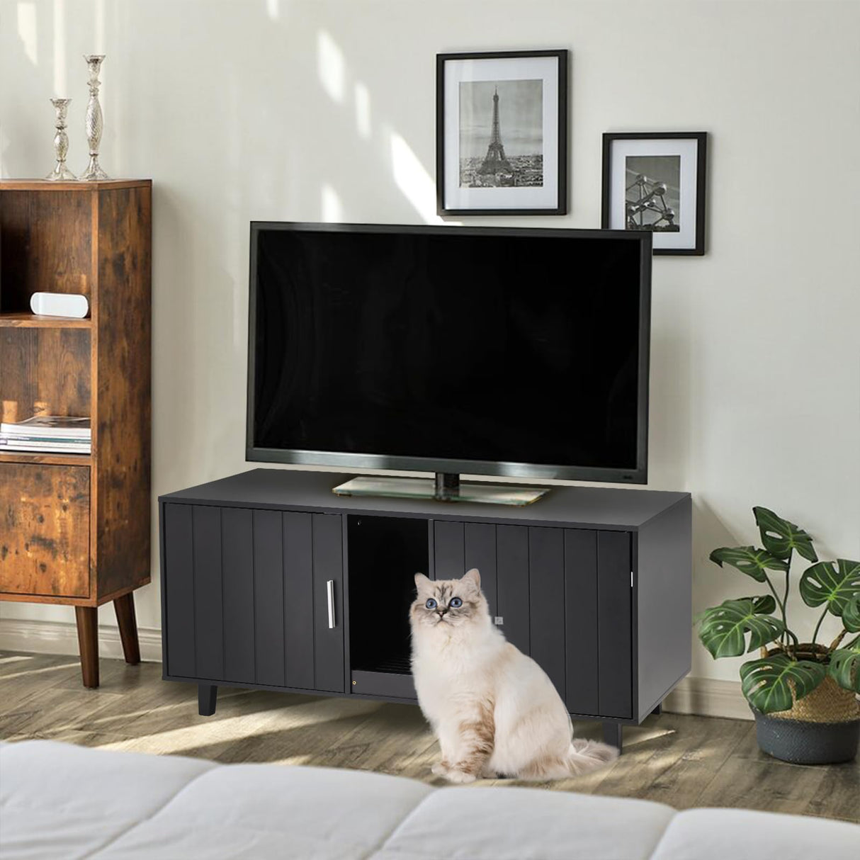 YDTOP Cat Litter Box Enclosure for 2 Cats, Double Hidden Litter Box Furniture with Scratcher, Large Wooden Cat House, Black YDTOP