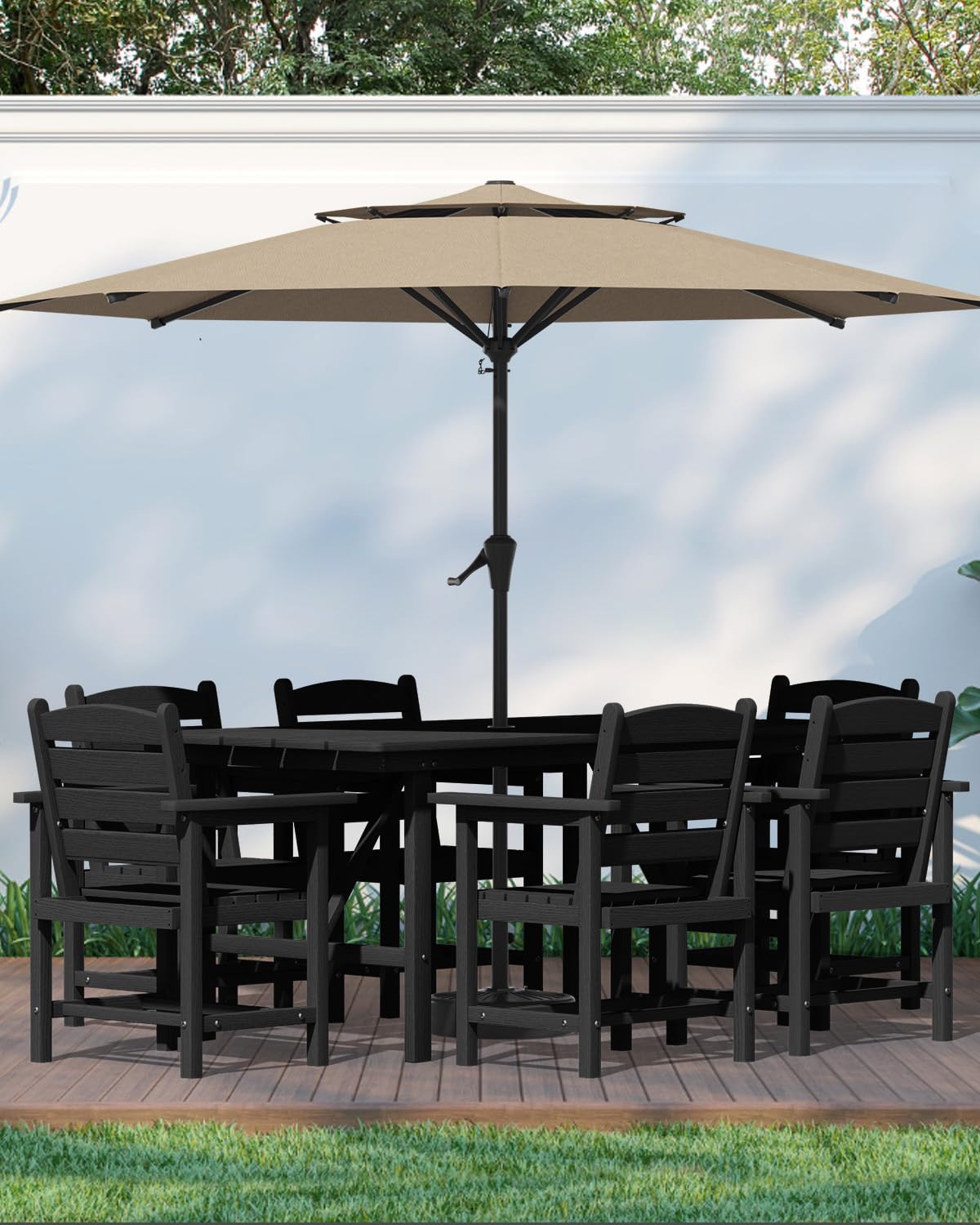 PLUUV Outdoor HDPE Dining Set, 7 Pieces Outdoor Furniture with Large Table& 6 Chairs, All-Weather Patio Dining Set for Lawn, Garden, Backyard, Black PLUUV