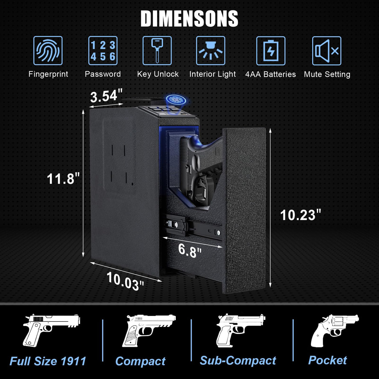 LMRSTOO Biometric Gun Safe for Handgun,Fingerprint Bedside Gun Safe with Fingerprint, PIN Code, KEY Access,Upgrade 6 Numeric Buttons,Electric Quantity Display,Emergency Charging Port LMRSTOO