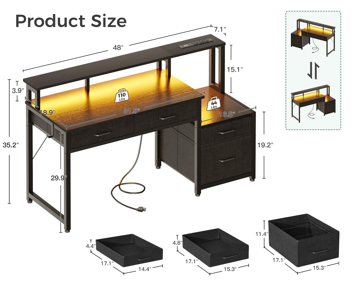 AODK 48-Inch Computer Desk with Power Outlets and LED Lights, Gaming Desk with 4 Fabric Drawers, Reversible Office Desk with Monitor Stand, Writing/Study Table for Home, Black AODK