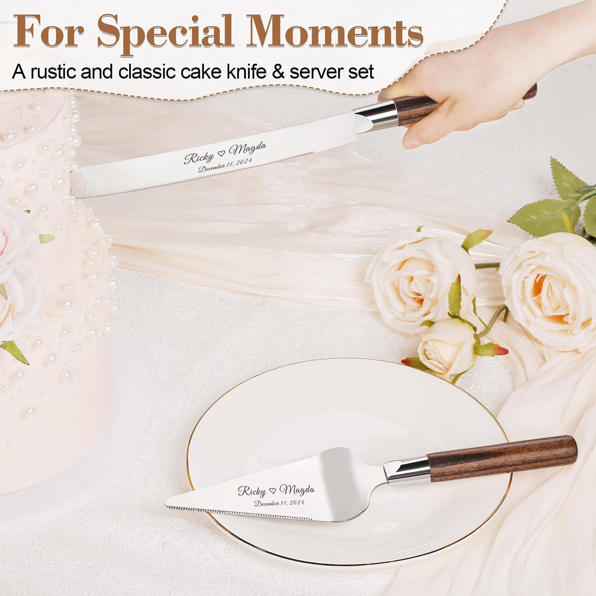 TUKDAK Personalized Cake Cutting Set for Wedding, Cake Knife and Server Set Free Engraving, Custom Wooden Dessert Pie Cutter Serving Quinceañera TUKDAK