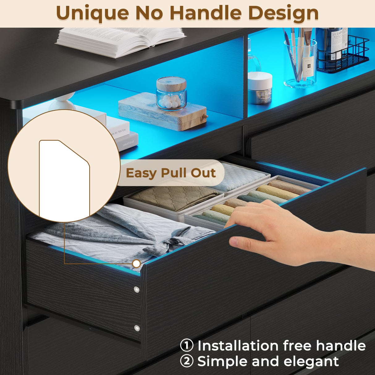 Hasuit Black Dresser for Bedroom with LED Lights and Charging Station, 51.2" Long Dresser Chest of Drawers with Large Drawers and Open Space, Modern 6 Drawer Dresser for Bedroom, Living Room, Entryway Hasuit