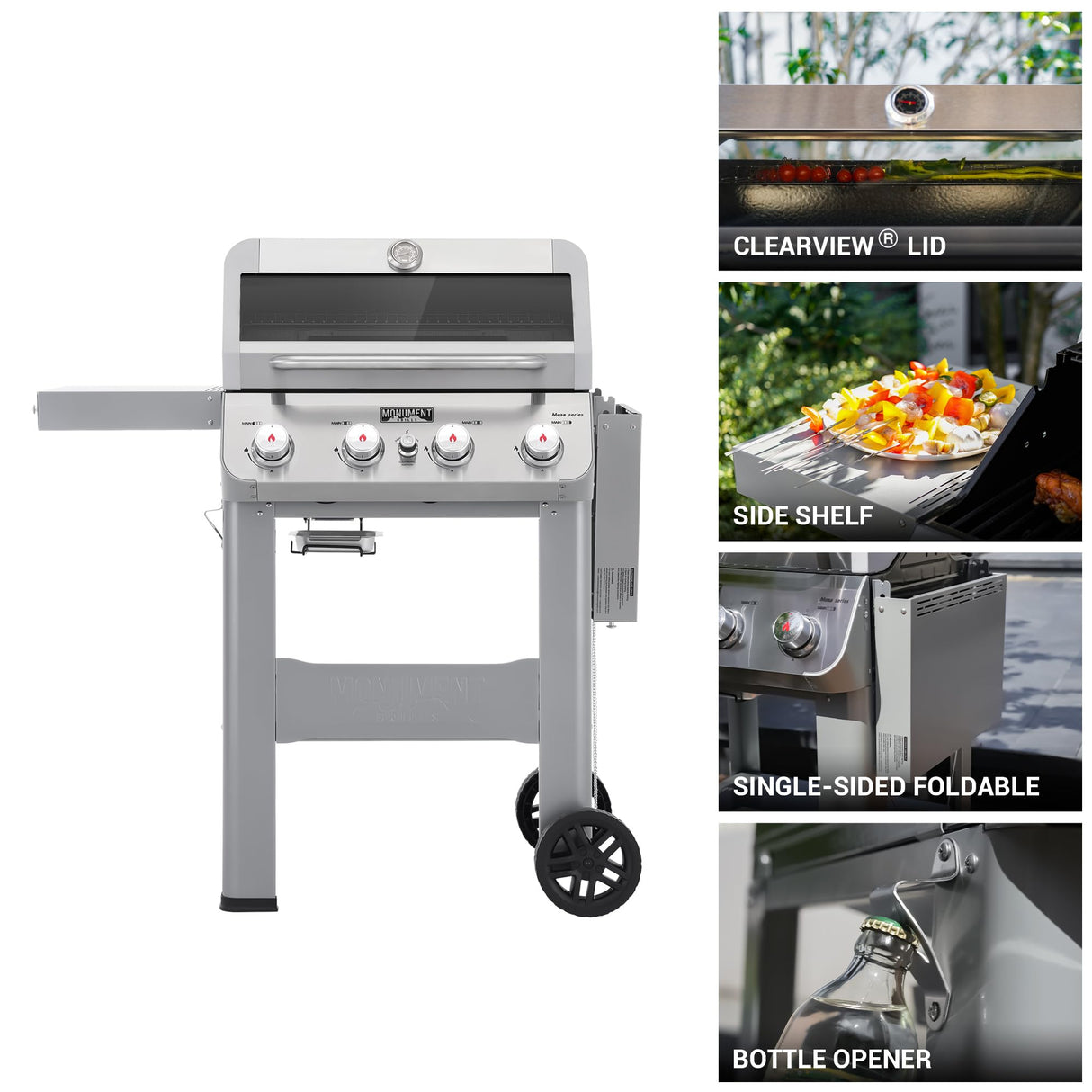 Monument Grills 4-Burner Liquid Propane Gas Grill, Silver Stainless Steel Grill Outdoor Patio Garden Barbecue Grill with Clearview® Lid and One Foldable Shelves, Mesa400MF Monument Grills