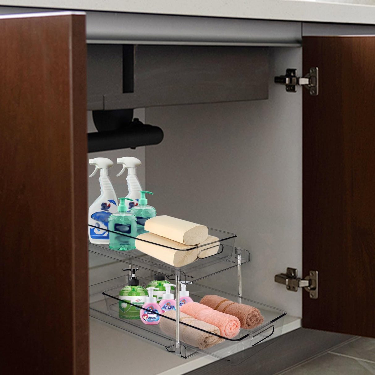 1 Pack 2-Tier Bathroom Organizers and Storage, Clear Under Sink Organizer Vanity Countertop Storage Pantry Organizers, Pull-Out Cabinet Organizer With Track For Bathroom, Kitchen, Pantry COKIHOM
